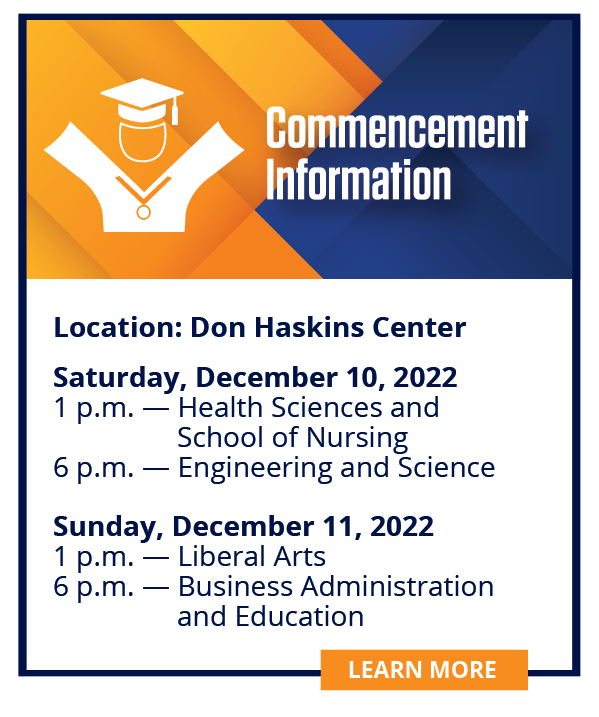 Location: Don Haskins Saturday, December 10, 2022 1 p.m. Health Sciences and School of Nursing 6 p.m. Engineering and Science Sunday, December 11, 2022 1 p.m. Liberal Arts 6 p.m. Business Administration and Education